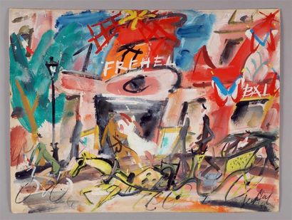 GEN PAUL (1895-1975).
Fiacre et vélo devant...