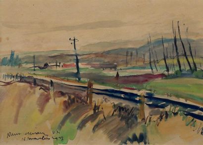 École MODERNE.
Paysage, 16 novembre 1927.
Aquarelle...