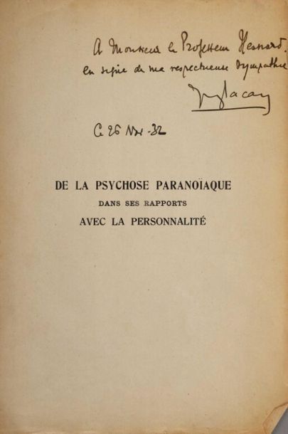 LACAN (Jacques). De la psychose paranoïaque...