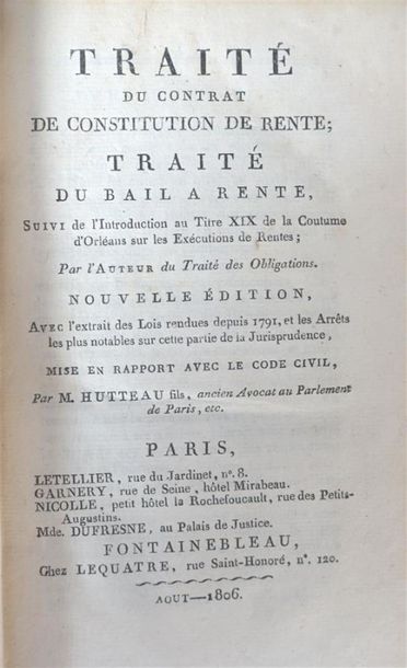 POTHIER. Traité du C. de rente et du bail...