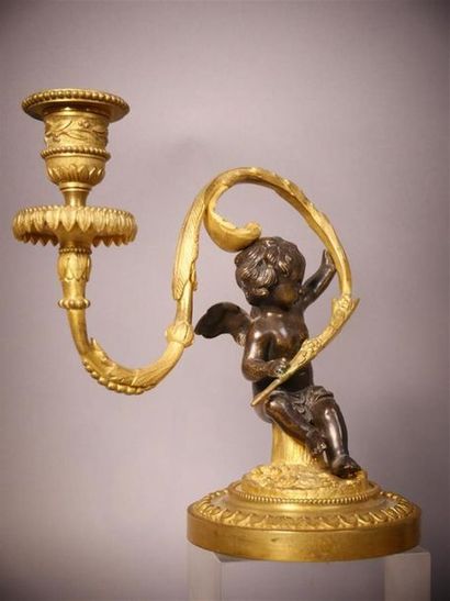 Paire de bougeoirs en bronze doré et bronze...