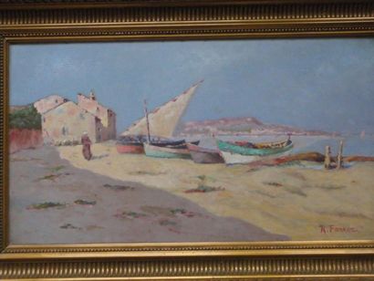 École ORIENTALISTE
Barques sur la grève 
Huile...