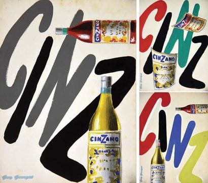 Cinzano 3 Gouaches avec le tampon de Guy...