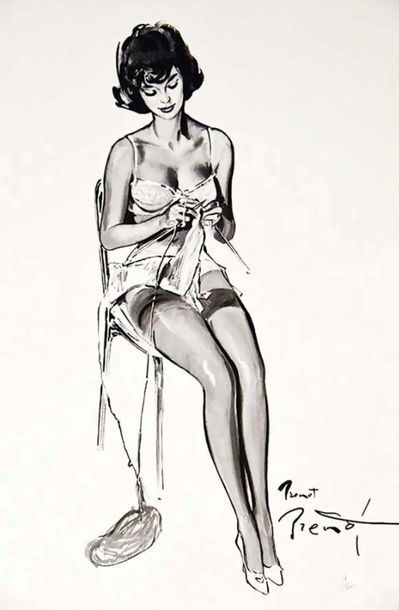 Belle Brune au Tricot - Affiche signé Brénot...