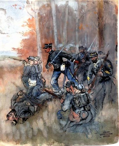 Infanterie au Combat Aquarelle avec le Cachet...