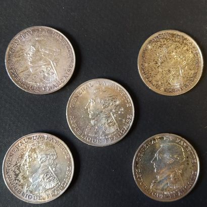Lot de cinq pièces argent de 100 F