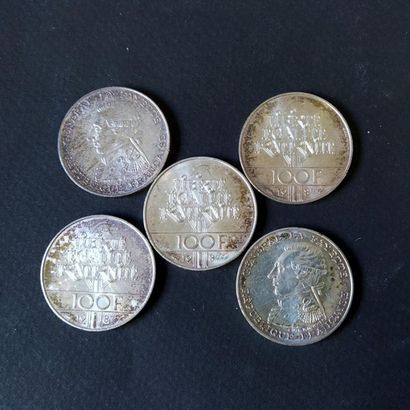 Lot de cinq pièces argent de 100 F