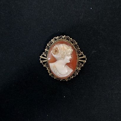 Deux broches en métal ornées de camées :...