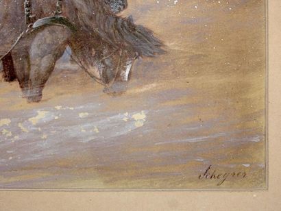 SCHEYRER 
Le passage du gué
Gouache, signée...