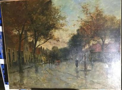 ECOLE VERS 1900
Place animée sous la pluie
Huile...
