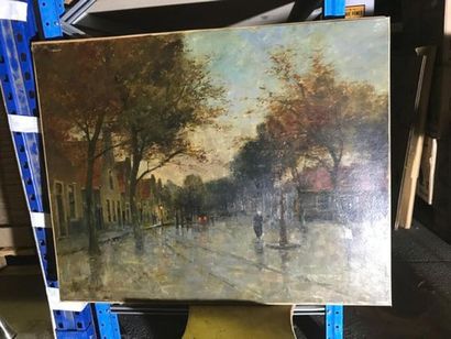 ECOLE VERS 1900
Place animée sous la pluie
Huile...