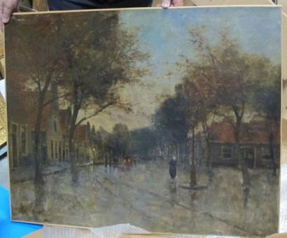 ECOLE VERS 1900
Place animée sous la pluie
Huile...