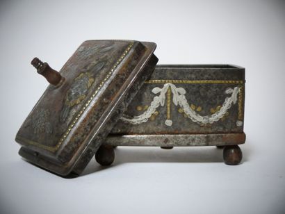 Steel sewing pin box with applique decoration...