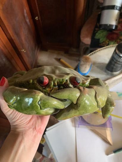 Glazed terracotta green crab signed and inscribed...