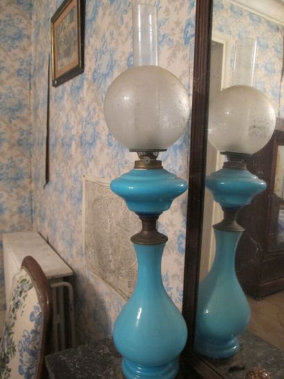 Two opaline lamp bases with pigeon throat...