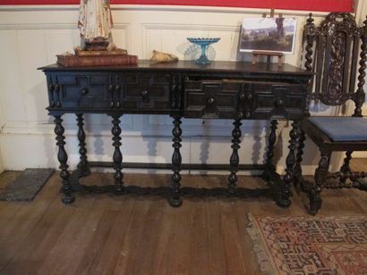 A modern wooden console with two drawers...