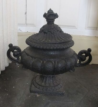 Pair of covered cast iron fire pots with...
