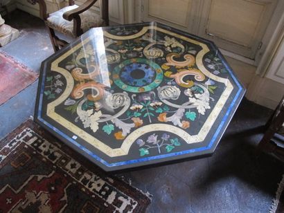 Octagonal tray in slate-type stone, painted...