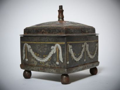 Steel sewing pin box with applique decoration...