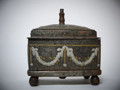 Steel sewing pin box with applique decoration...