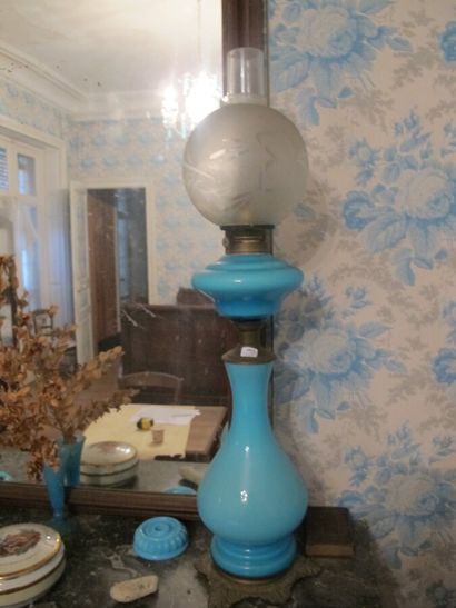 Two opaline lamp bases with pigeon throat...