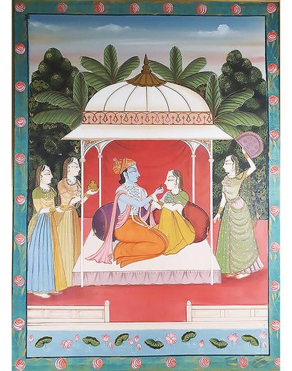 Krishna and one of his goddesses under a...