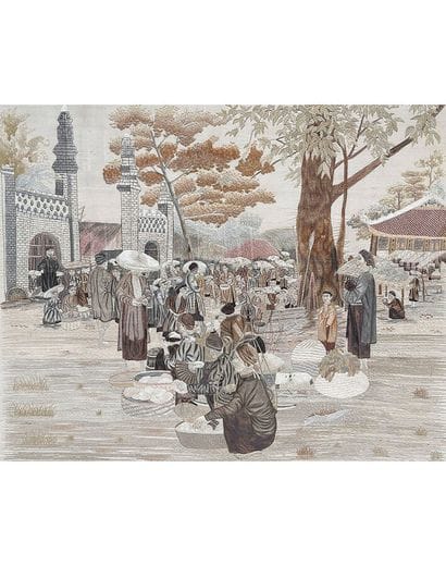 Indochina Market scene in front of a Temple...