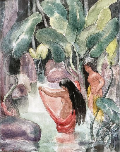 Tahitiennes au Bain Aquarelle signée Marthe...