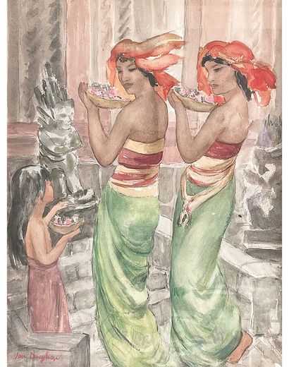 Tahitiennes portant des Fruits Aquarelle...