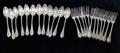 Twelve pieces of silver flatware with pearls...