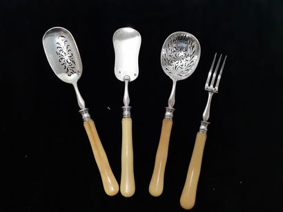 Set of four small silver cutlery, ivory handle,...