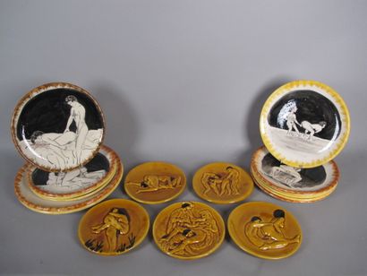 Set of painted plates with erotic subjec...