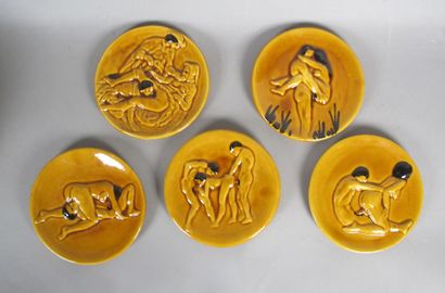 Set of painted plates with erotic subjec...