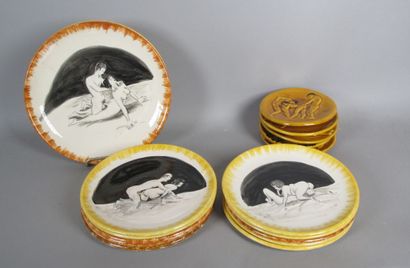 Set of painted plates with erotic subjec...