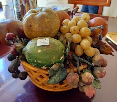 Fruit basket in trompe l'oeil in polychrome...