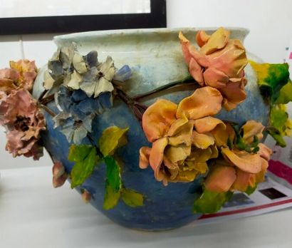 Earthenware pot and planter cover with flowers...