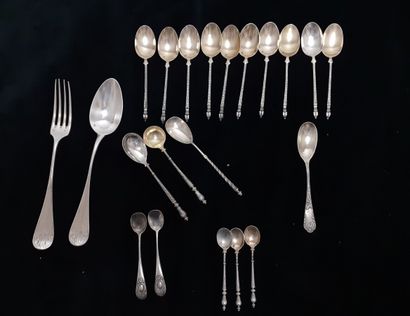 Set including : ten silver and vermeil coffee...