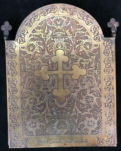 Triptych, travel icon in bronze opening on...