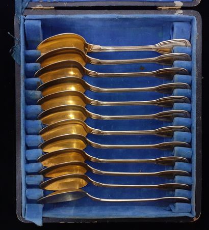 Twelve vermeil coffee spoons, net pattern,...