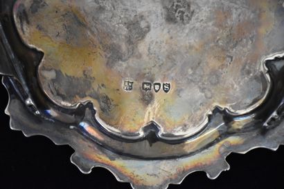 English silver tray on three feet, engraved...