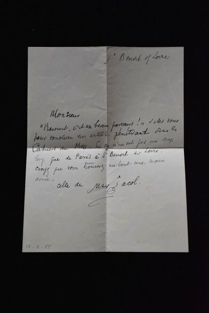 JACOB (Max). Lettre a. s., pliée, sous env.,...