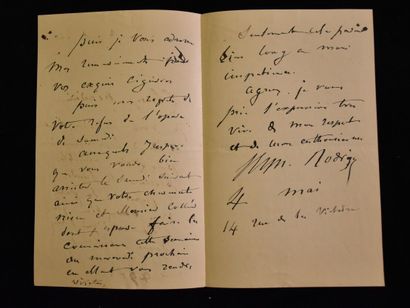 RODIN (Auguste). Lettre a. s., 3 pp. in-12,...