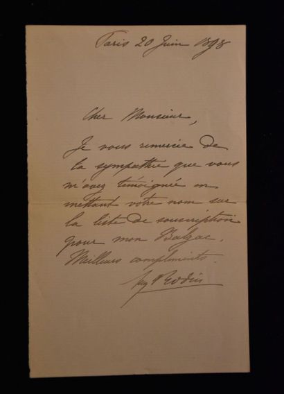 RODIN (Auguste). Lettre a. s., 3 pp. in-12,...