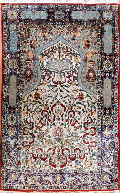 Tapis Héréké soie (chaîne et trame en soie,...