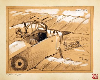 Nieuport Biplace Gouache et crayon signé...