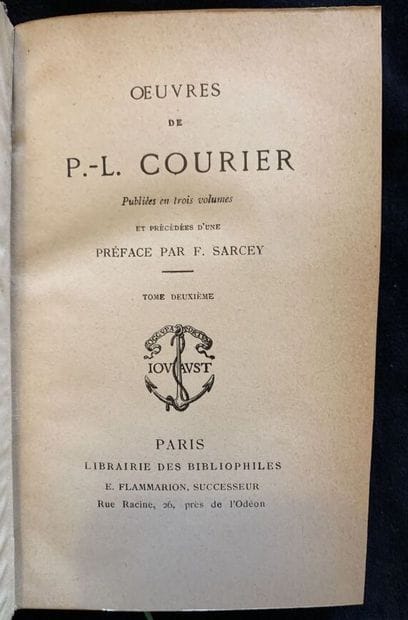 P.L COURIER

Oeuvres

2 volumes

1/2 reliures...