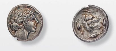 Leontini. Tétradrachme (455-440). Tête laurée...