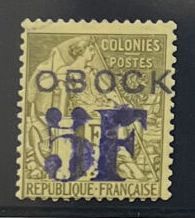 * Yv. N°31	Obock : 5F sur 1F olive, avec...