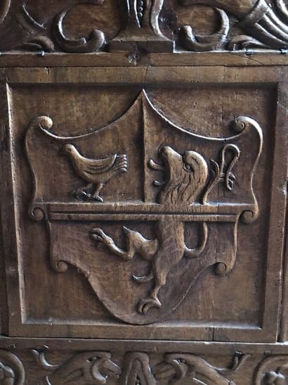 Carved oak chest
Seal and coat of arms in...