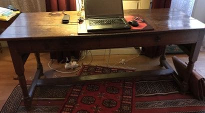 Oak table, opening with two drawers in the...